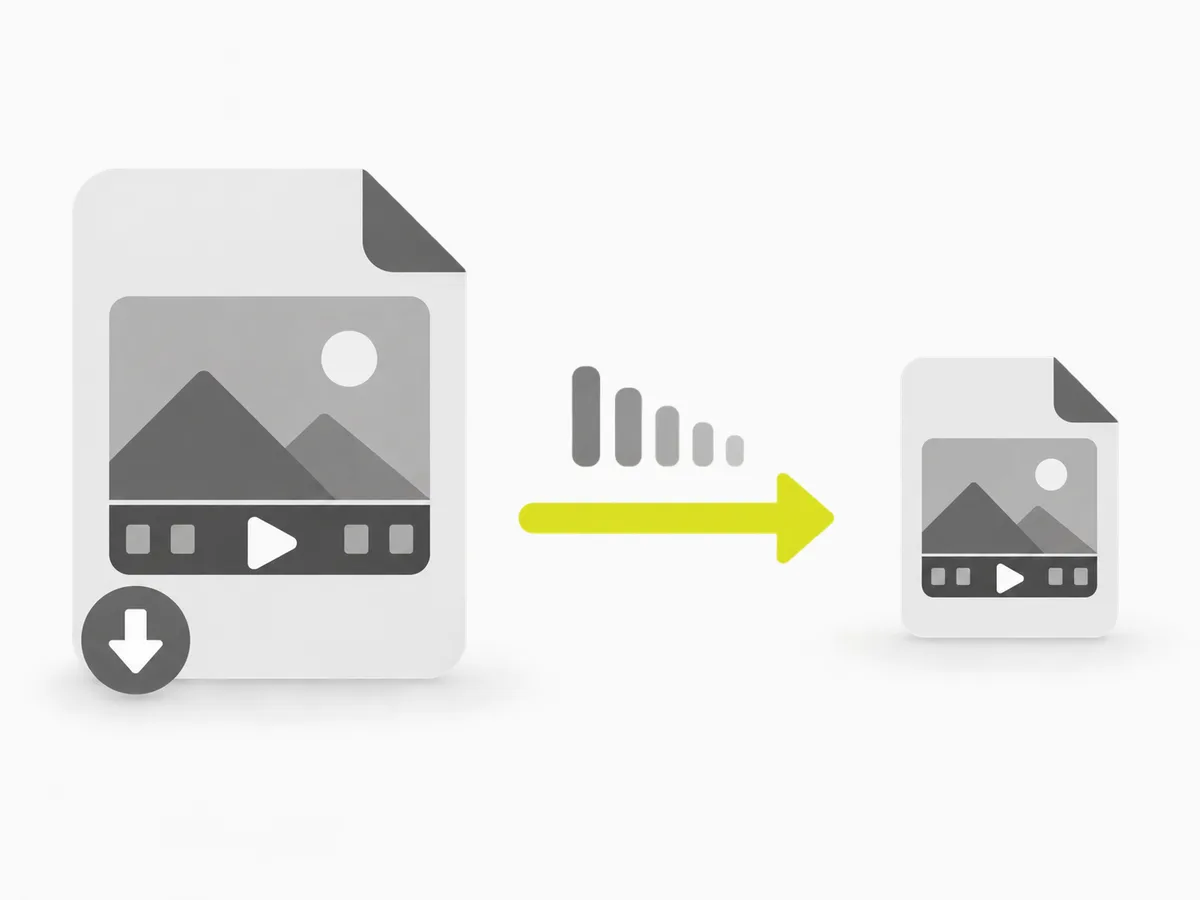 Diagram: a large video being re-encoded at a lower bitrate and resolution into a much smaller MP4