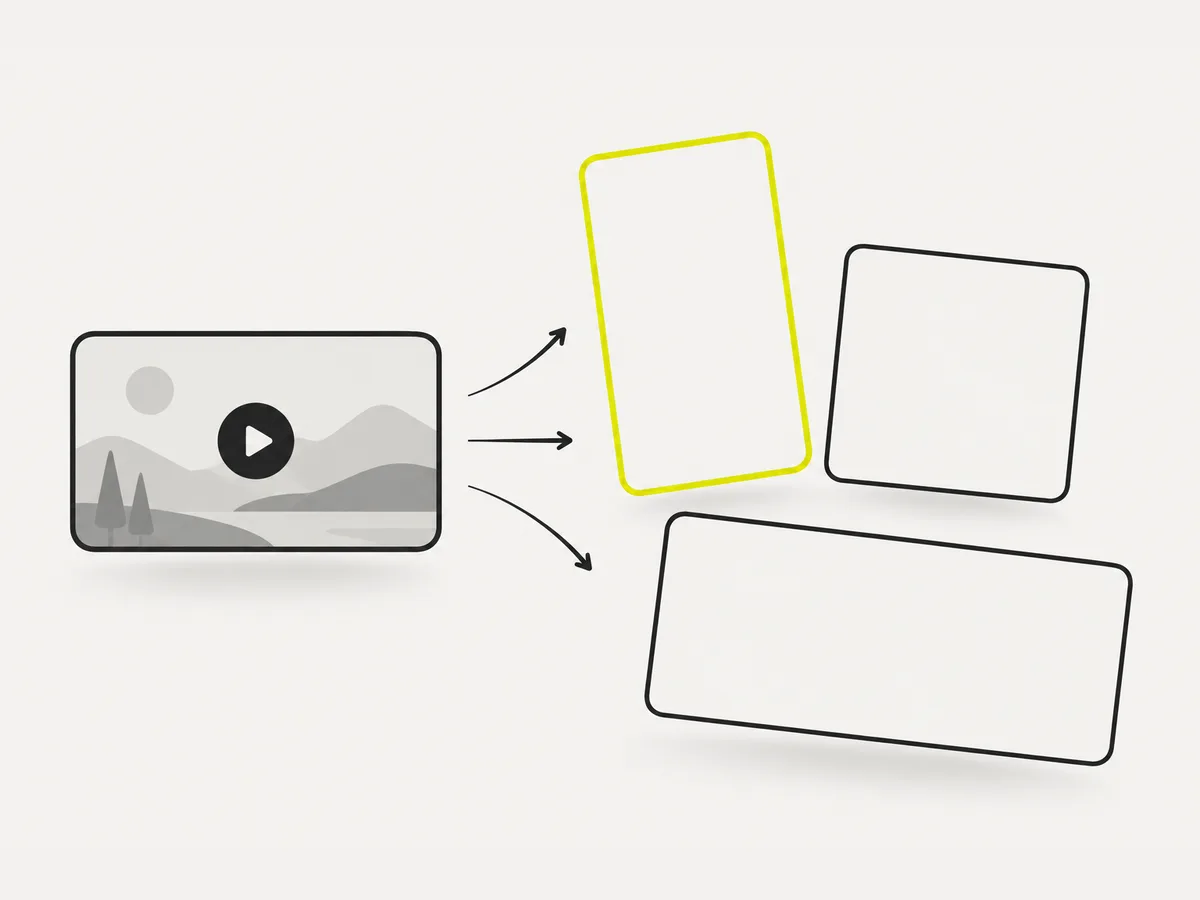 Diagram: one source frame fanning out into tall, square and wide frames — one video reframed for every platform