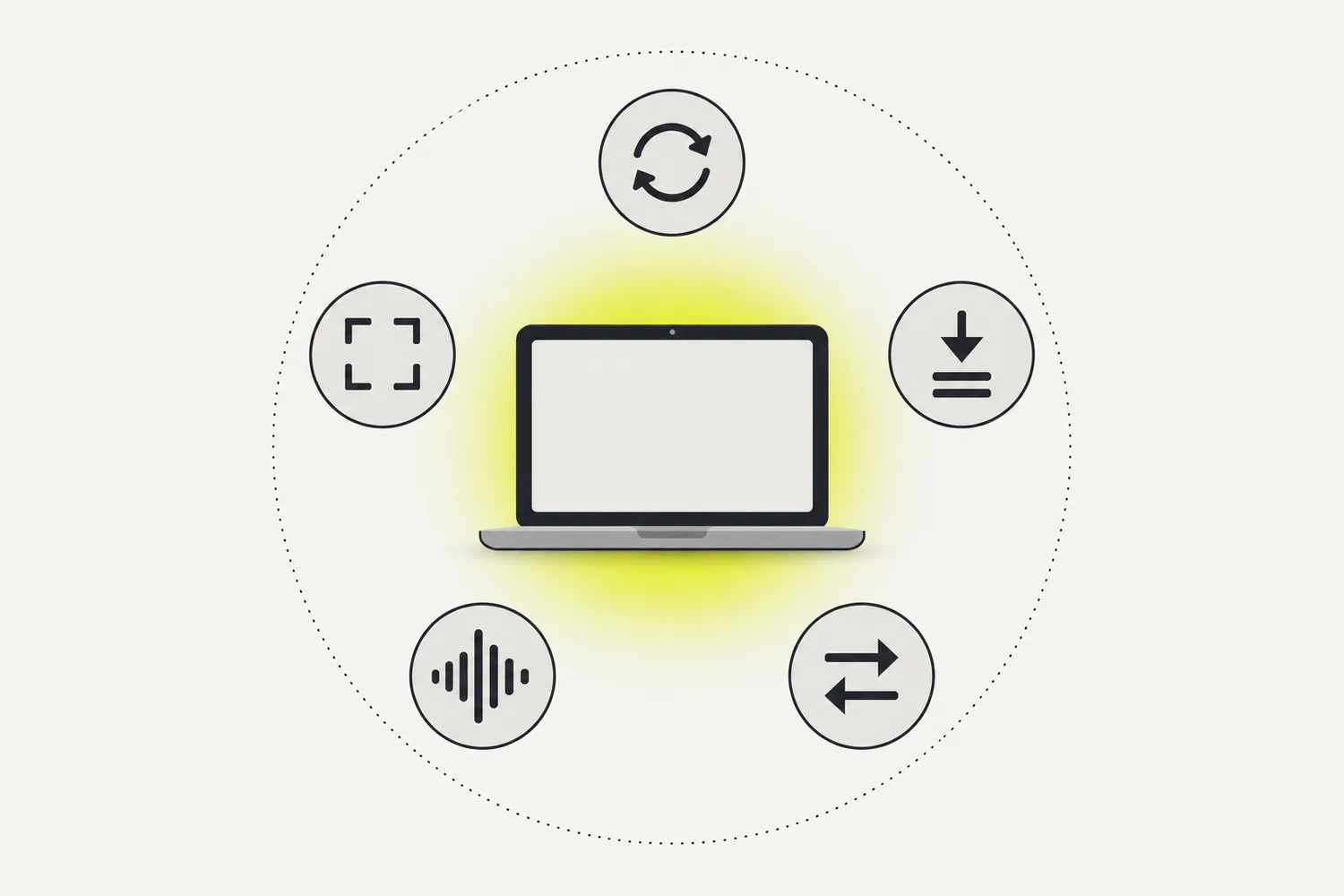 Diagram: a single device surrounded by the toolkit's glyphs — GIF, crop, compress, audio and convert — all running locally inside a self-contained boundary